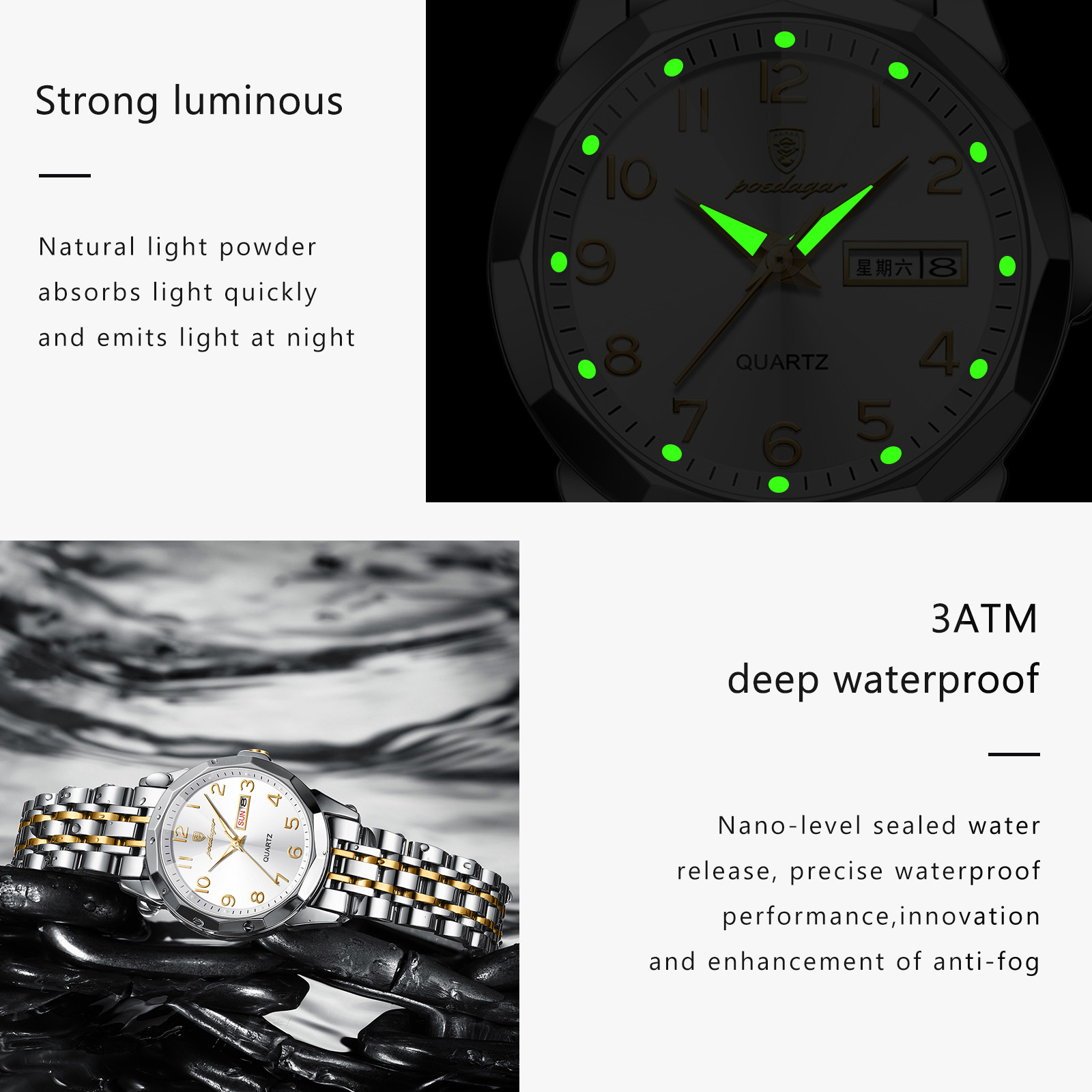 포에다가르 우아한 여성용 시계 방수 야광 날짜 요일 표 - Waterproof Diving Watch 리뷰 및 가격